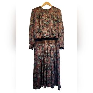 Vintage 80s Union Made Patty O’Neil Paisley Dress Suede Waist Shoulder Pads 14